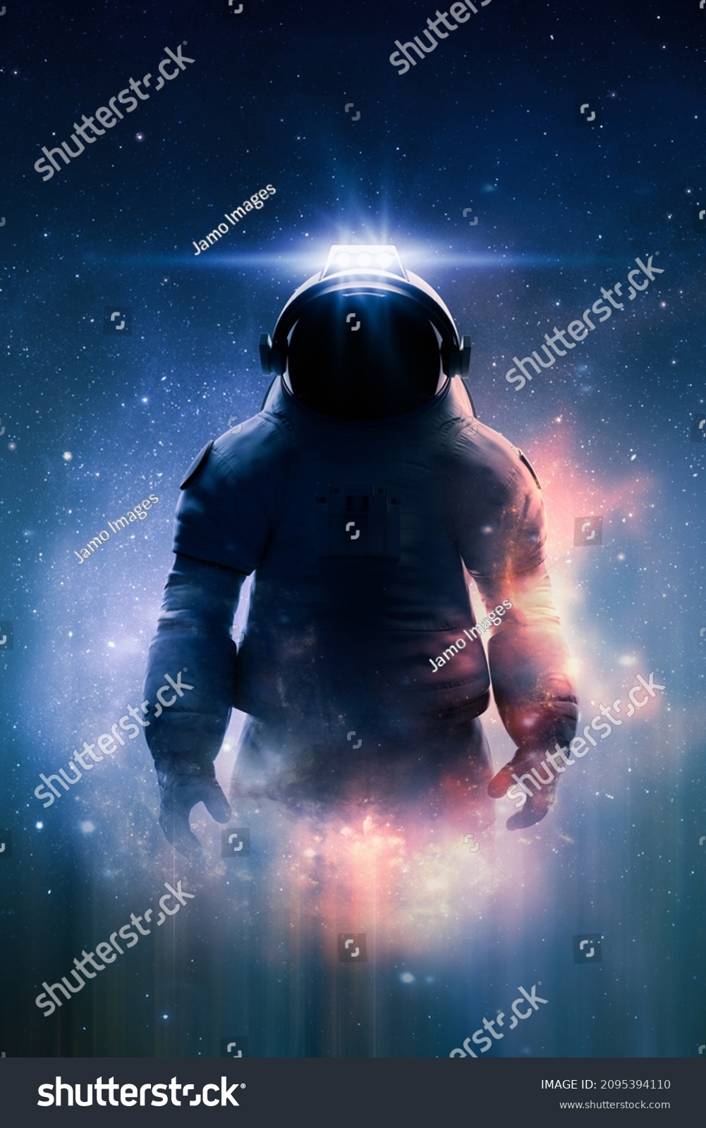 Epic view of an astronaut or cosmonaut in spacesuit in space with stars, nebula and galaxy around him. Sci-fi and fantasy theme. Stars in the image furnished by NASA. 3D rendering. #2095394110