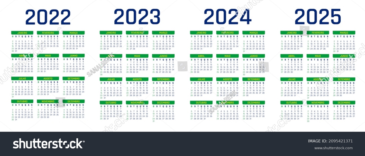 2022,2023,2024,2025 calendar Brazilian and Royalty Free Stock Vector