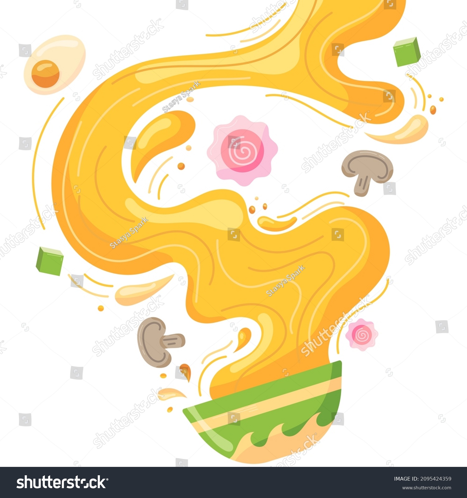 Soup splashing out of a plate, Asian broth with crabs, onions, mushrooms, egg, and noodles. Deep soup plate for Asian cuisine menu in flat style. Vector illustration #2095424359