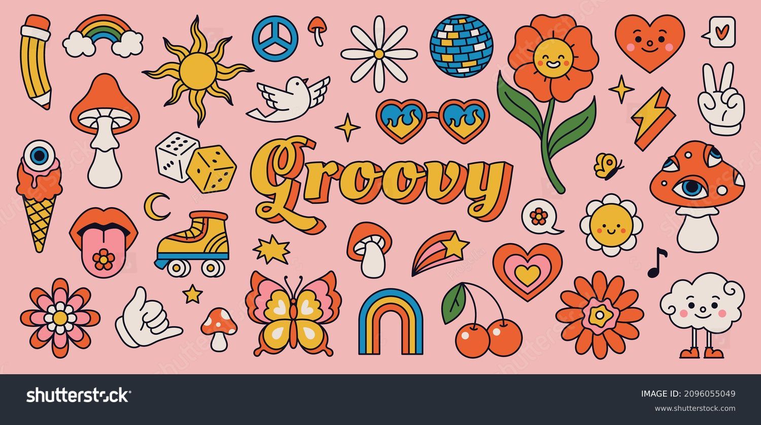 Retro 70s hippie stickers, psychedelic groovy elements. Cartoon funky mushrooms, flowers, rainbow, vintage hippy style element vector set. Decorative disco ball, flying dove and cherries #2096055049