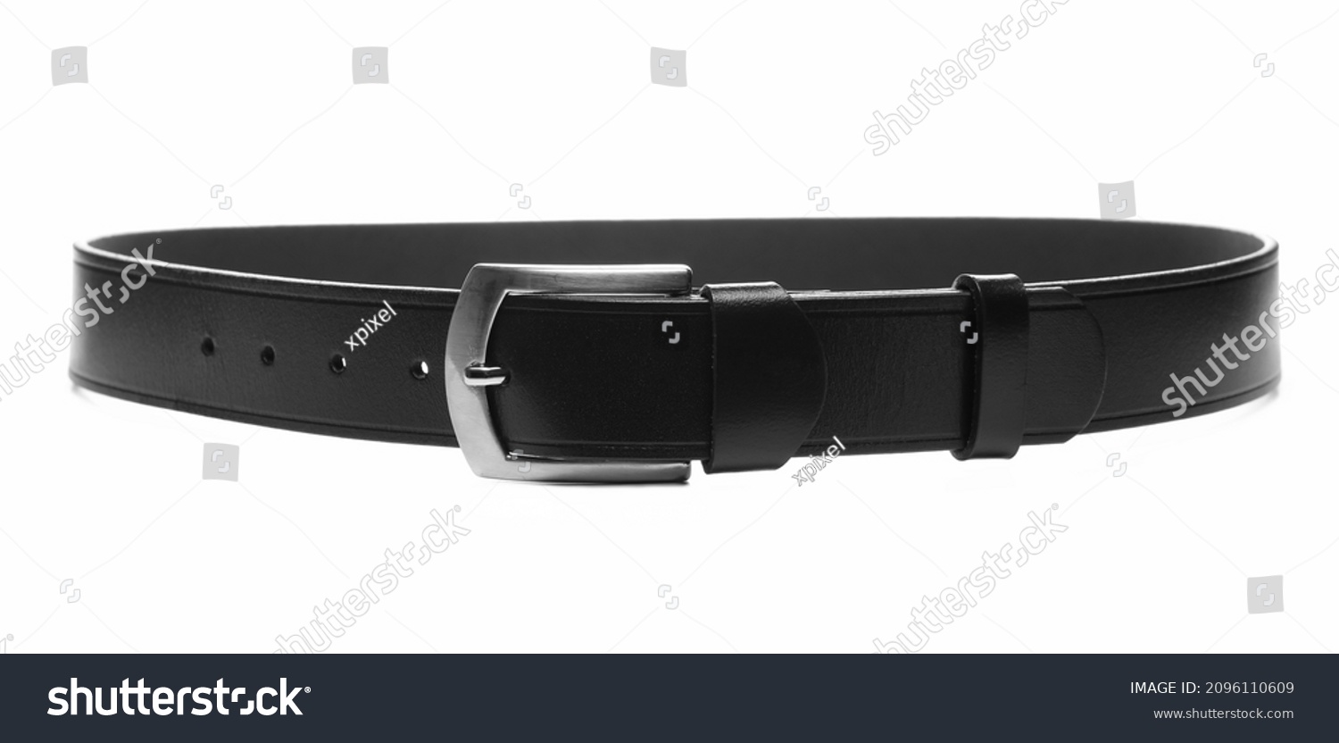 Black new leather belt, strap with metal buckle isolated on white   #2096110609