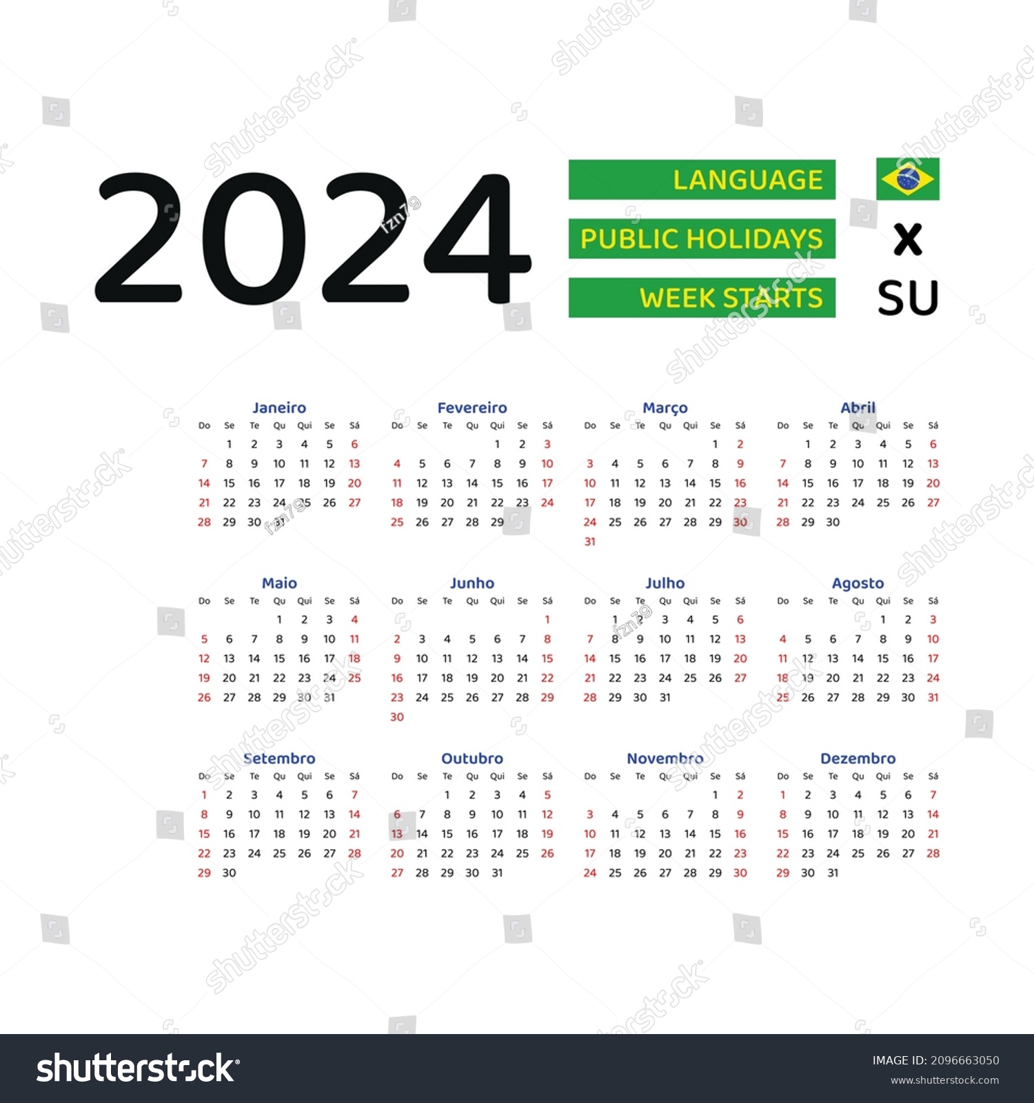 Brazil Calendar 2024. Week starts from Sunday. Royalty Free Stock