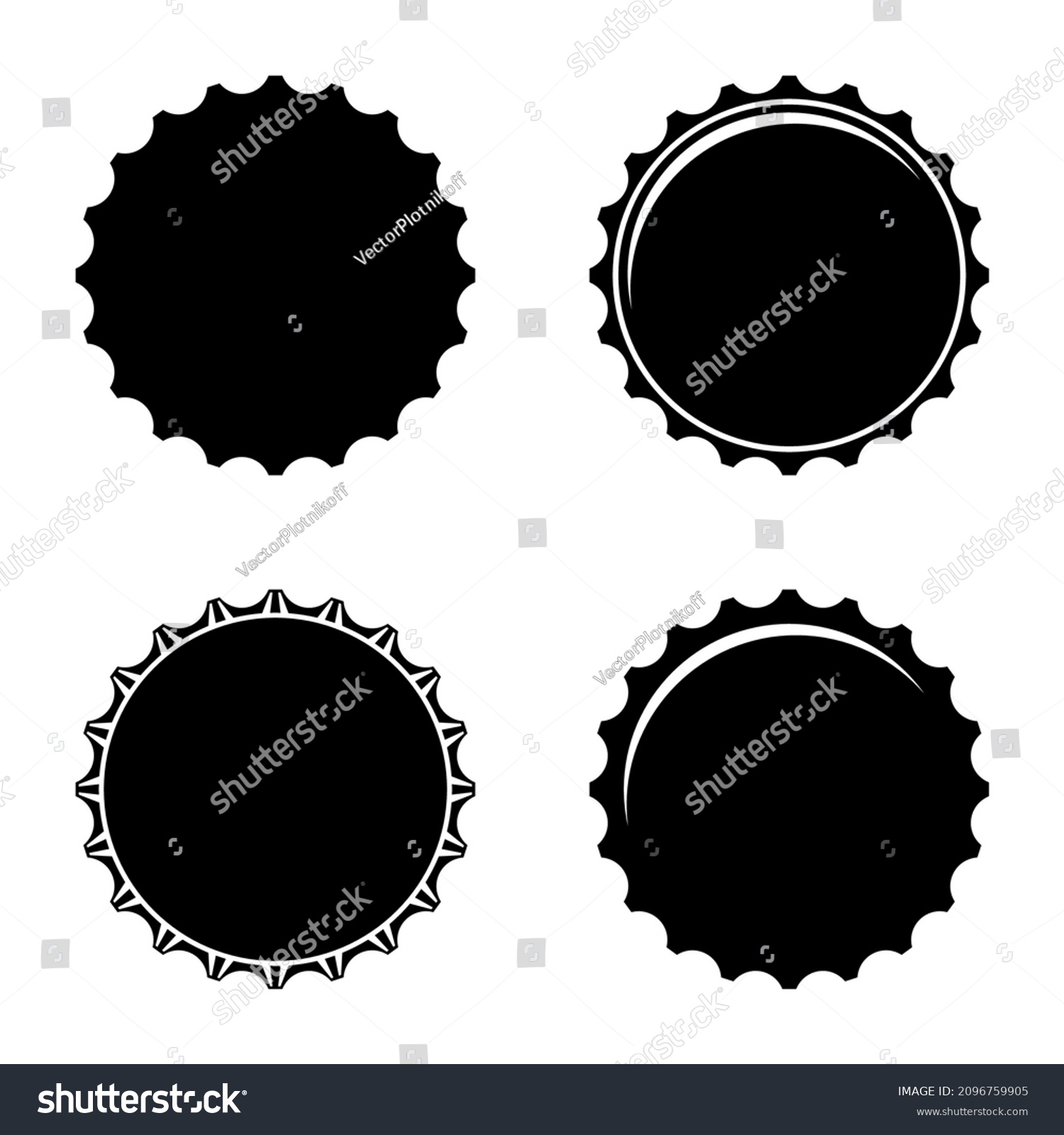 Bottle caps icons set isolated on white background. Labels in the form of bottle aluminum caps, Soda, juice or beer bottle tops icon. Vector illustration #2096759905