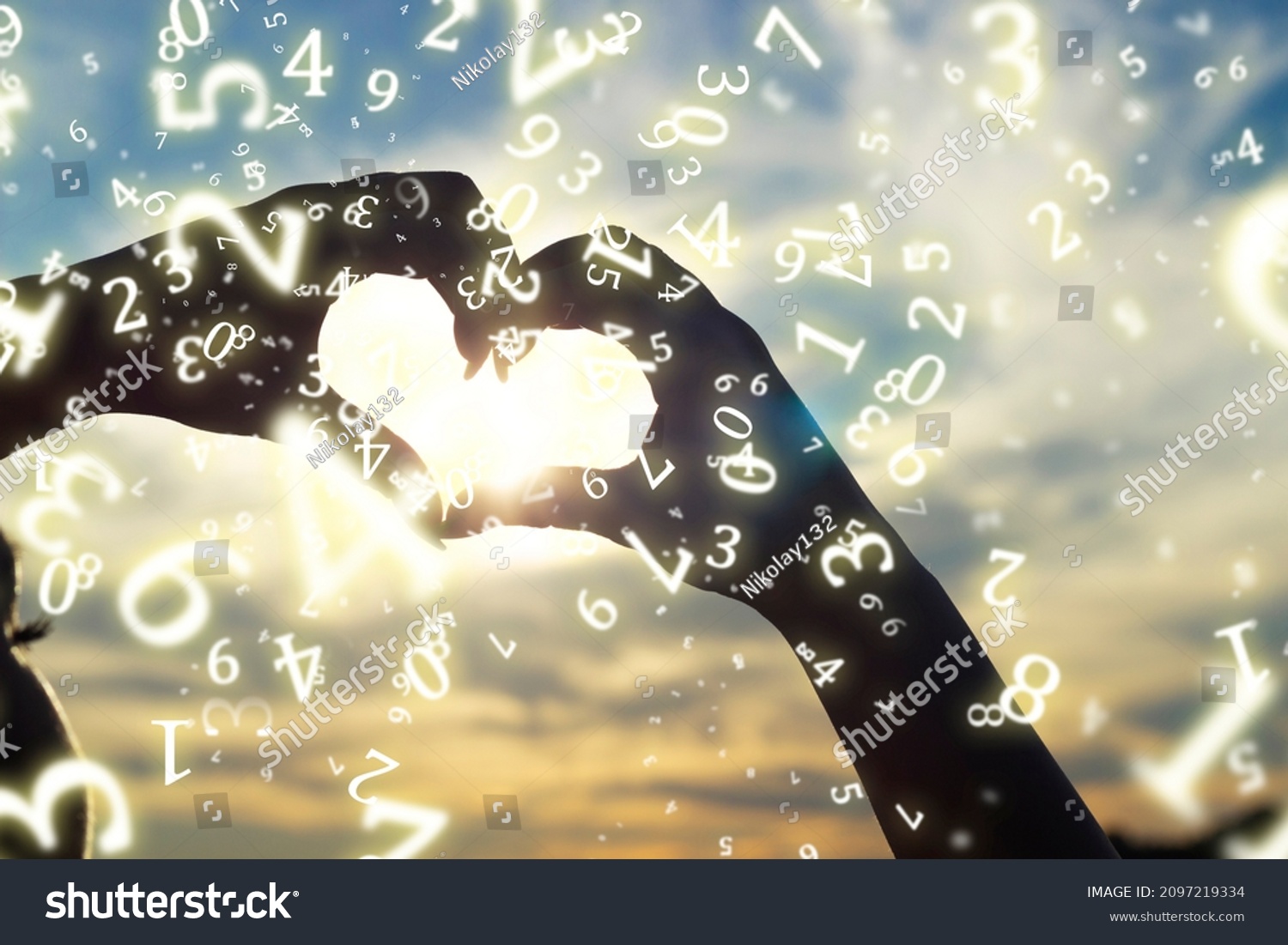 numerology, a young girl folded her hands in the shape of a heart against the background of the sun at sunset, surrounded by numbers #2097219334