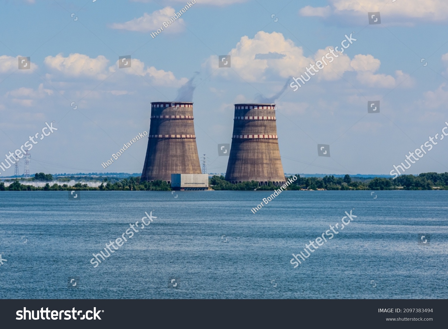 Cooling towers of Zaporizhzhia Nuclear Power Station near city Enerhodar, Ukraine #2097383494