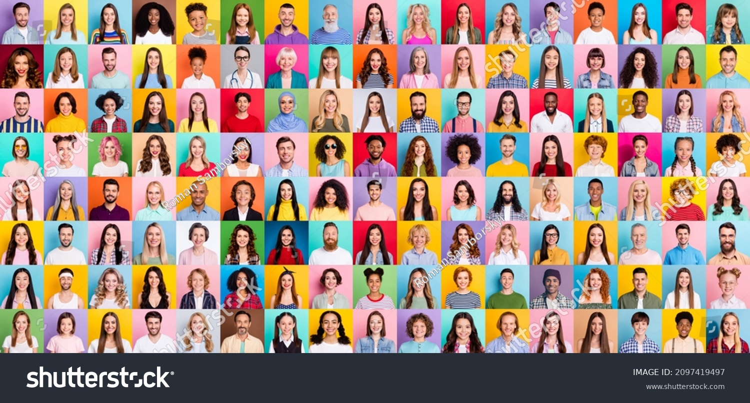 Collage of large group of smiling people composite portrait image gathered together reaching out each other 4g 5g connection contacting multiracial society #2097419497
