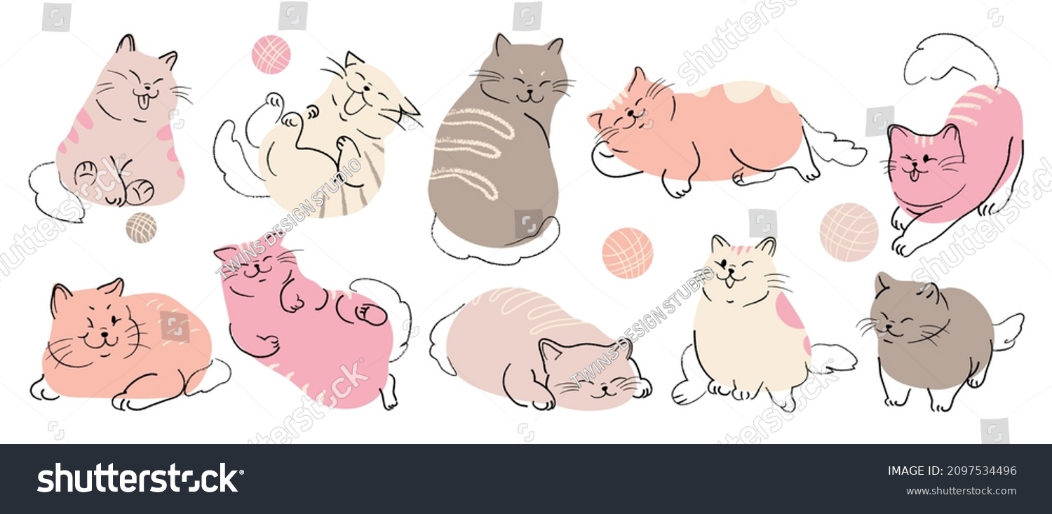 Cute and funny cats doodle vector set. Cartoon cat or kitten characters design collection with flat color in different poses. Set of purebred pet animals isolated on white background. #2097534496