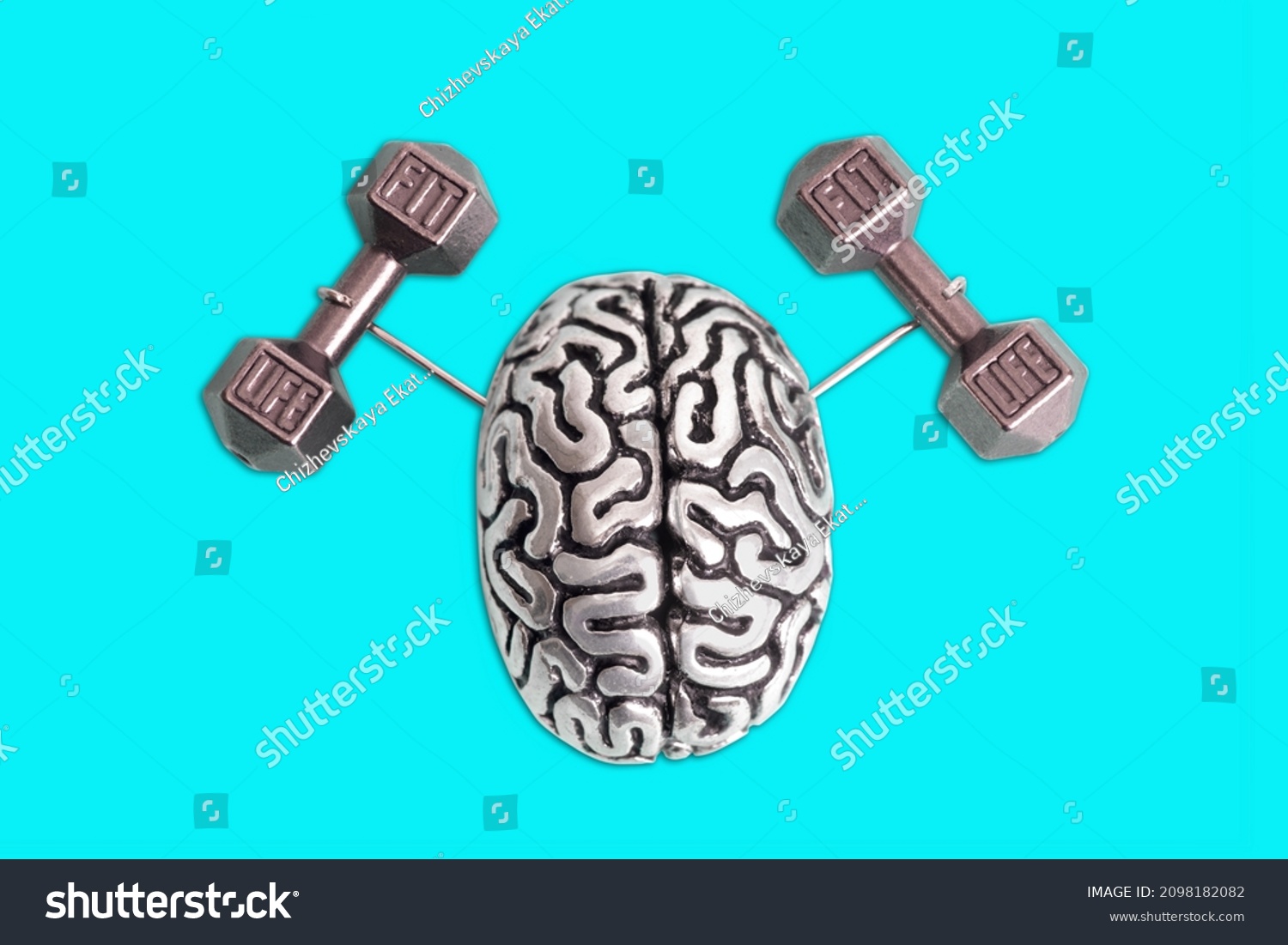 Human brain figurine with hands lifting heavy dumbbells isolated on blue. Creative fit life concept. Boosting intellectual power through brain training. #2098182082