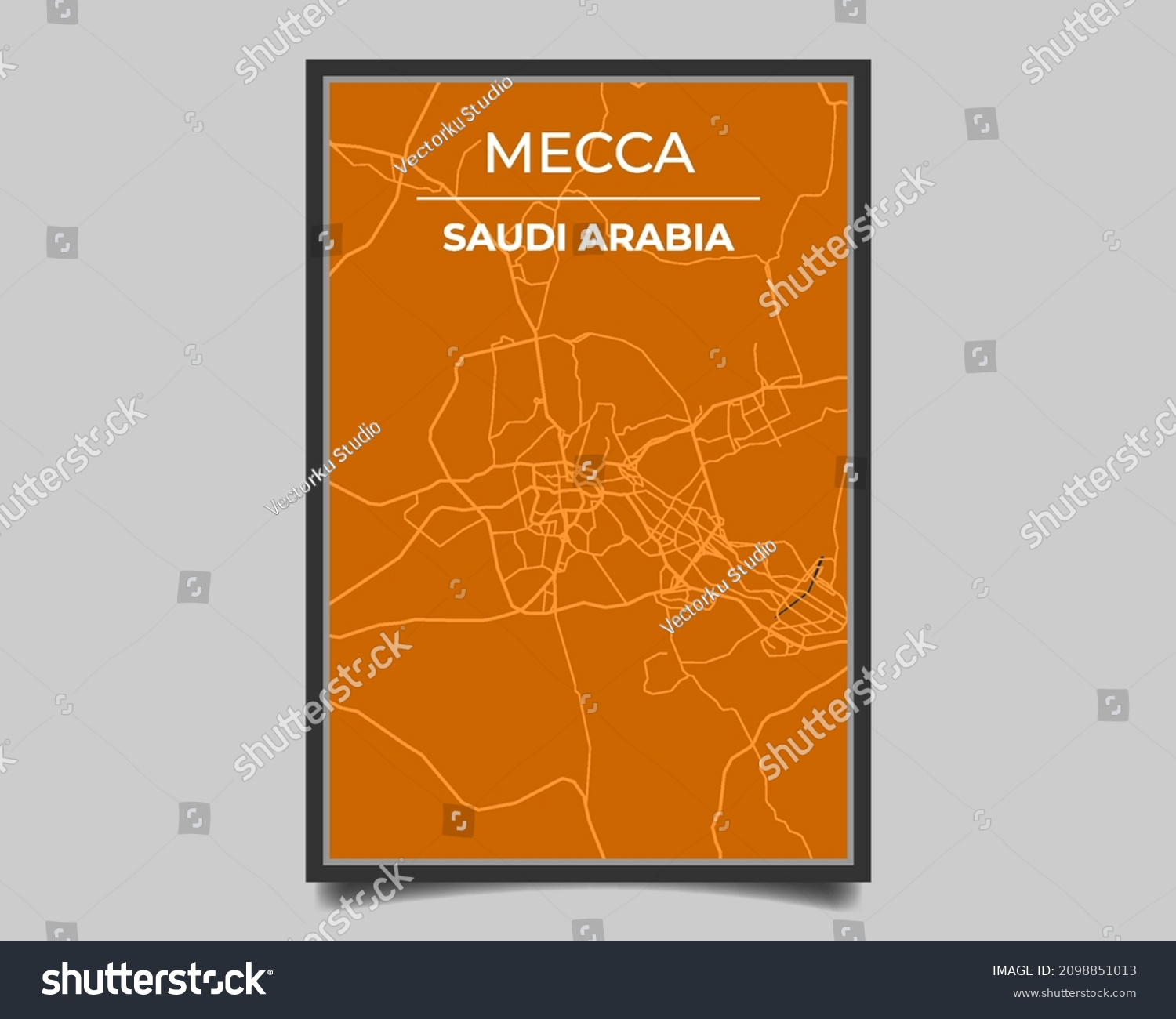 Mecca city. Map of largest city in the world vector for wall decoration, banner, background, texture. Modern deep blue and orange color. Vector graphic eps 10 #2098851013