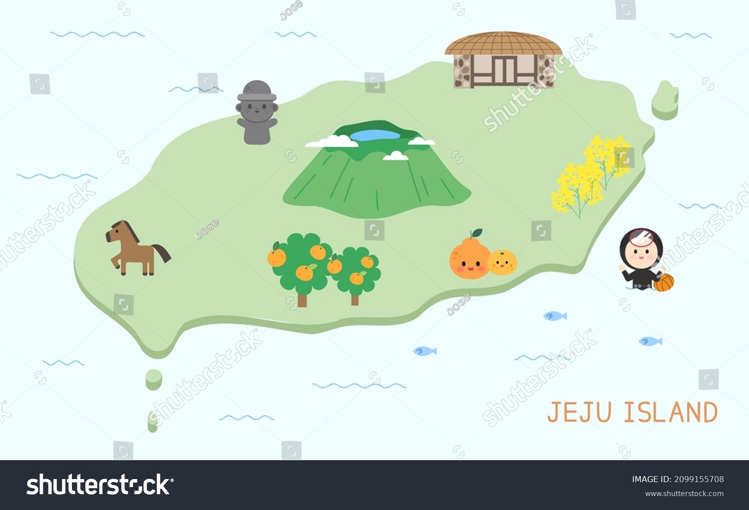 Jeju Island Illustration_Hallasan Mountain and Jeju Island Map Design. #2099155708