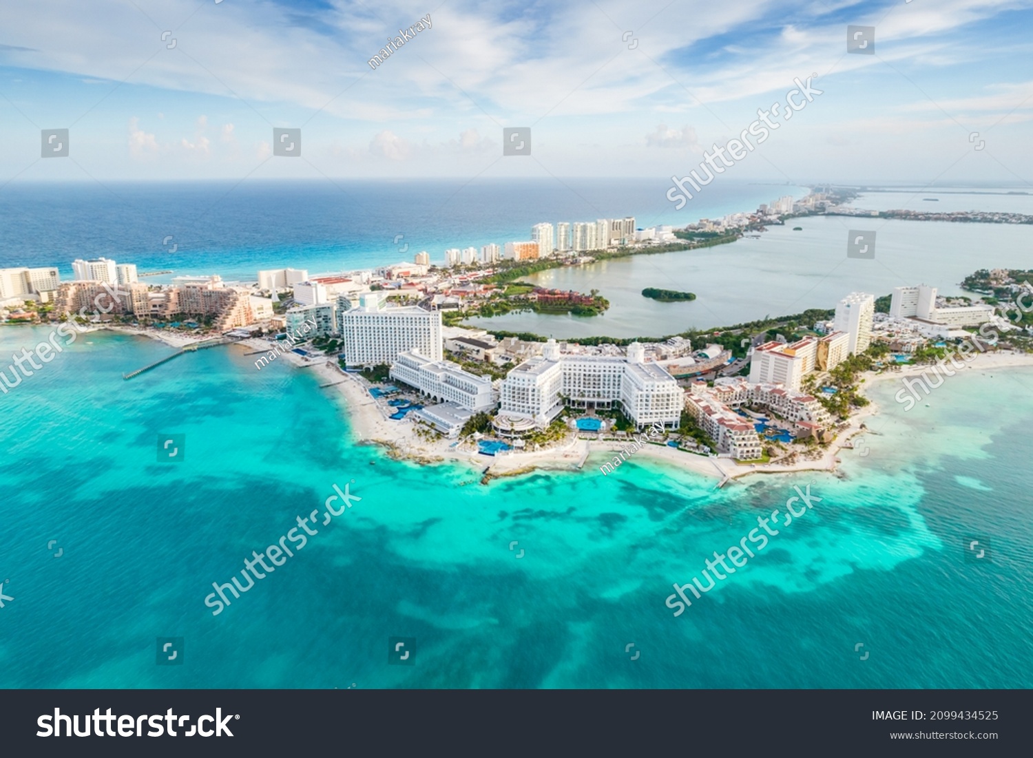Aerial panoramic view of Cancun beach and city hotel zone in Mexico. Caribbean coast landscape of Mexican resort with beach Playa Caracol and Kukulcan road. Riviera Maya in Quintana roo region on #2099434525