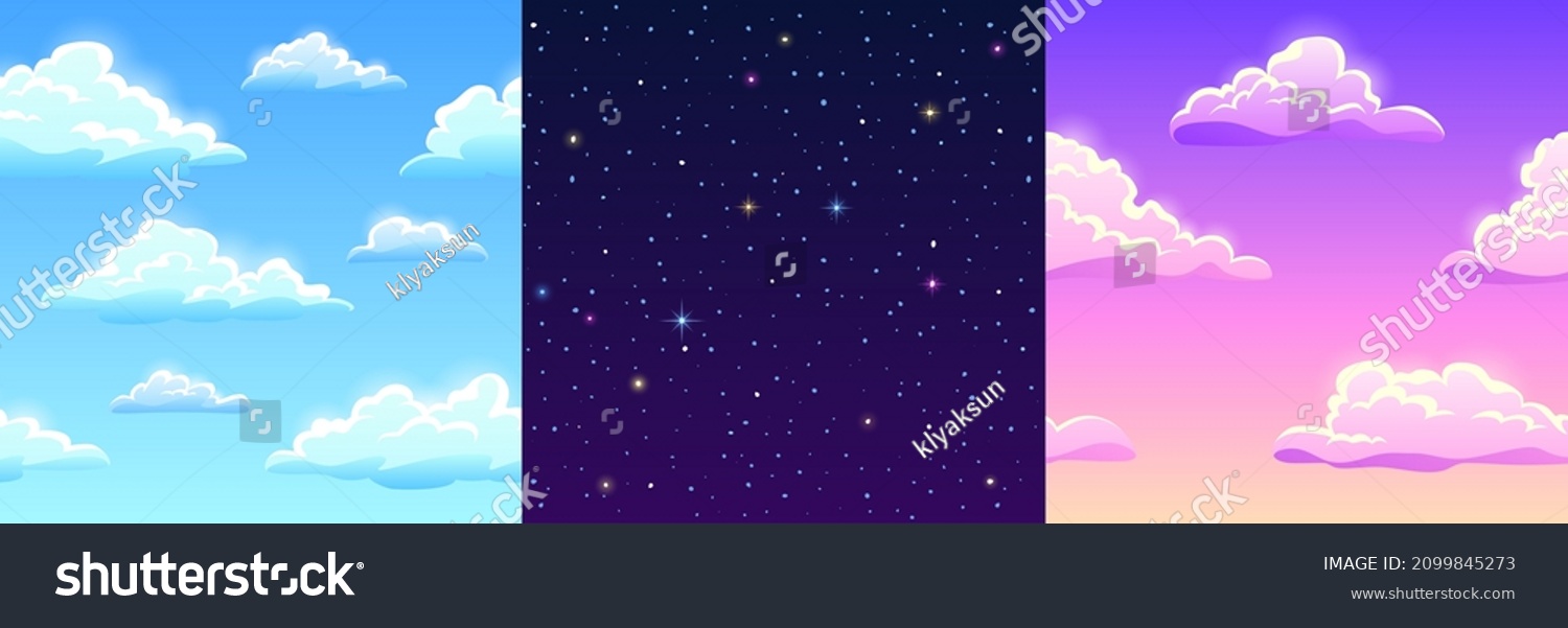Game textures of clouds and stars, seamless patterns. Cartoon backgrounds of blue, pink and starry sky. Graphic ui or gui vector layers of space, day or morning fluffy spindrift or cumulus eddies #2099845273