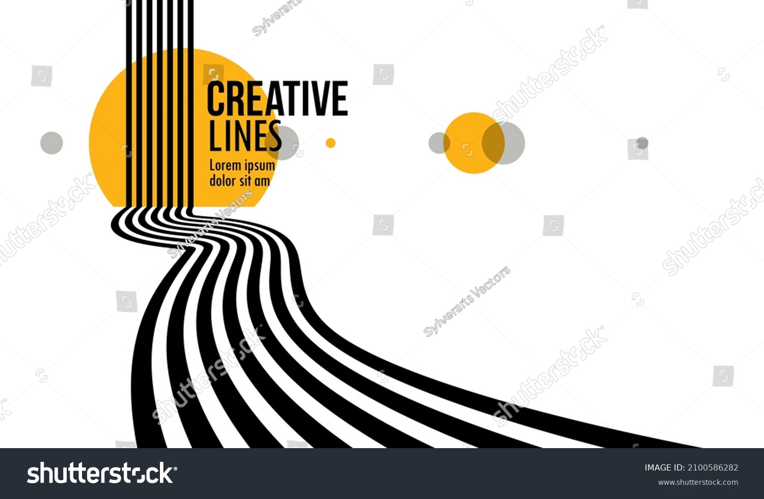 3D black and white lines in perspective with yellow elements abstract vector background, linear perspective illustration op art, road to horizon. #2100586282