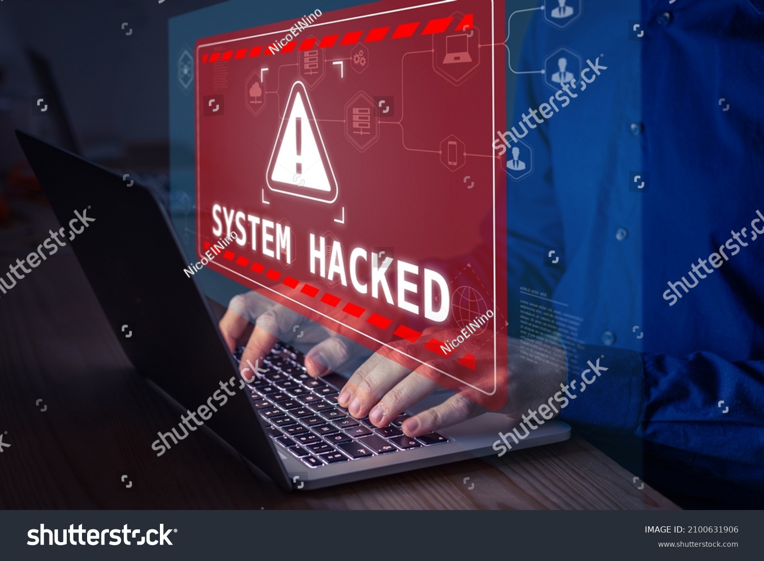 System hacked alert after cyber attack on computer network. Cybersecurity vulnerability, data breach, illegal connection, compromised information concept. Malicious software, virus and cybercrime. #2100631906