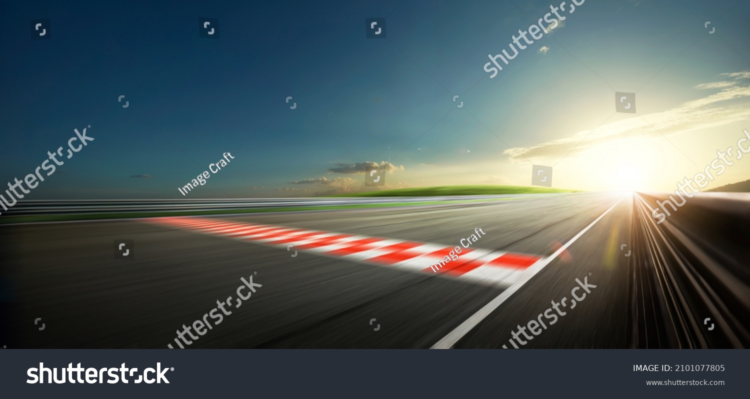 Evening scene asphalt international race track with starting or end line, digital imaging recomposition background. #2101077805