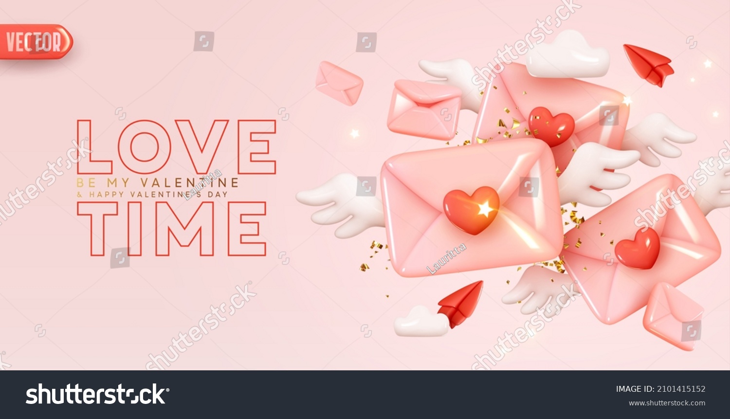 Happy Valentine's day. Pink paper envelope with angel wings and red heart. Realistic 3d design congratulations mail, falling envelope. Holiday background. Letters Be my Valentine. Vector illustration #2101415152