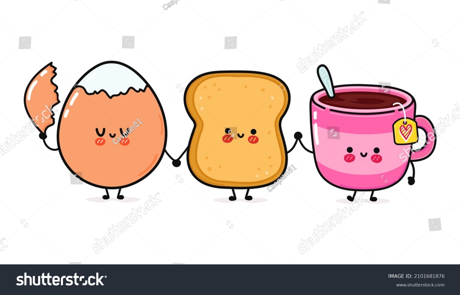 Cute, funny happy toast, eggs and cup of tea. Vector hand drawn cartoon kawaii illustration icon. Funny cartoon toast, eggs and cup of tea mascot character concept #2101681876