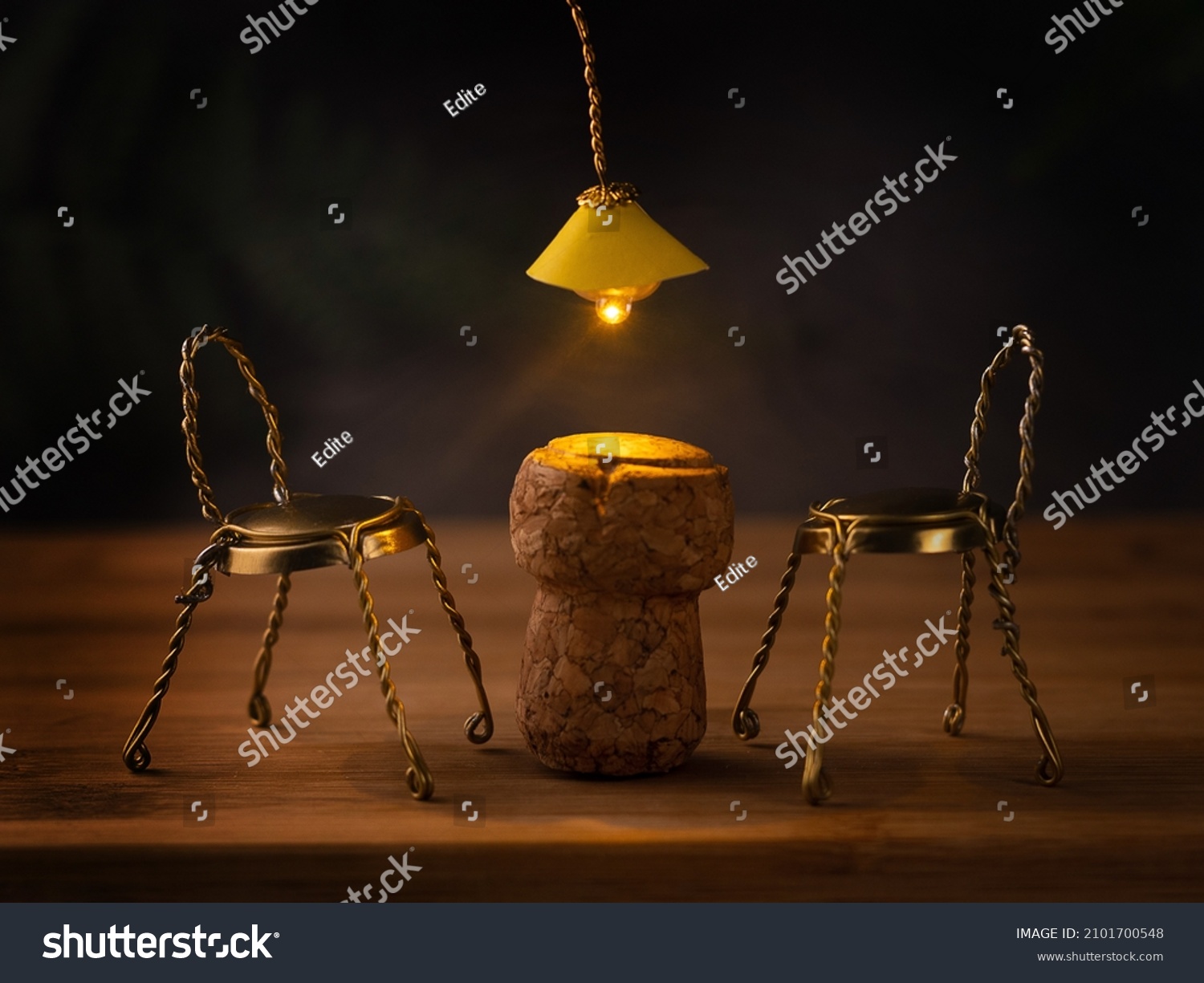 Bar mood, smoky, dark background, plank floor. The table is made of champagne cork, but the chairs are made of metal parts of cork. A yellow chandelier shines above the table. Sense photo. Mood. #2101700548