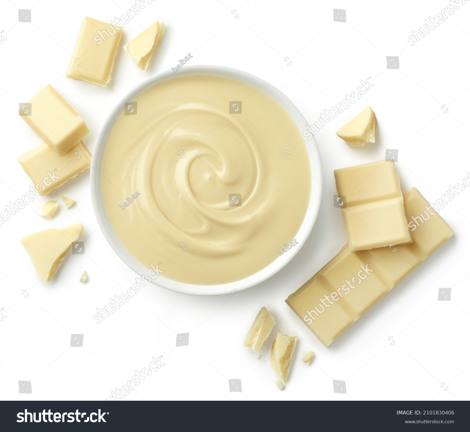 Bowl of melted white chocolate and broken pieces of chocolate bar isolated on white background #2101830406