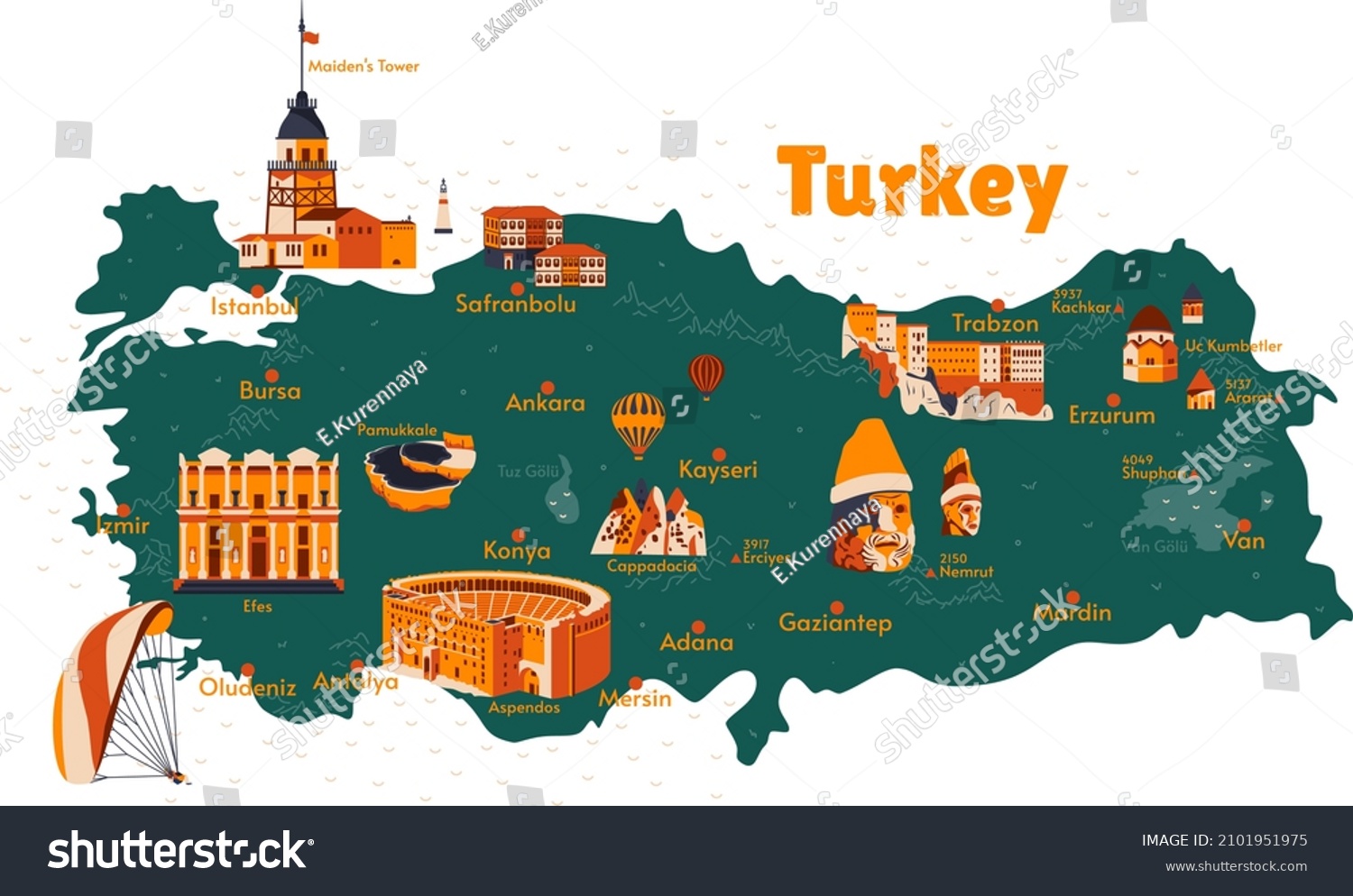 Vector map of Turkey. Sights. Historical places. Tourism. Cities. Guide. Ephesus, Cappadocia, Pamukkale, Mount Nemrut, Ararat, Sumela Monastery, Aspendos, Maiden's Tower, Istanbul, Oludeniz. #2101951975