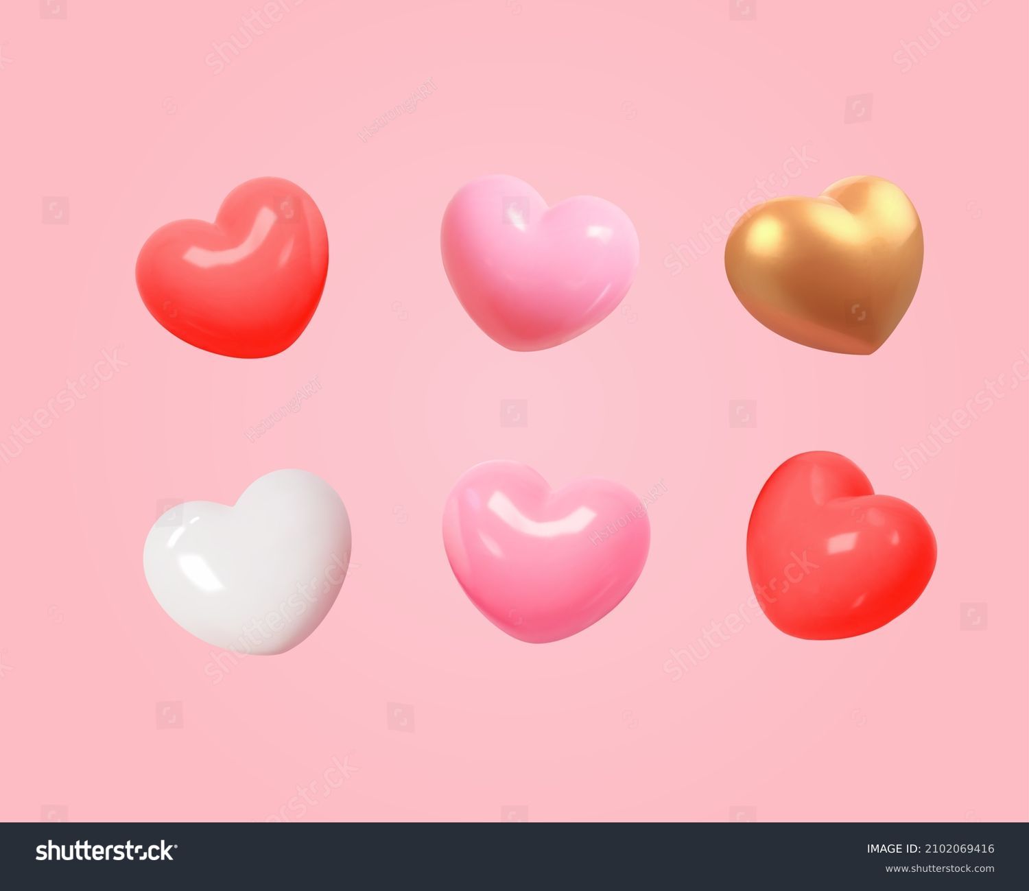 3d cartoon colorful heart shape toy collection, isolated on light pink background. Suitable for Valentine's Day and Mother's Day decoration. #2102069416