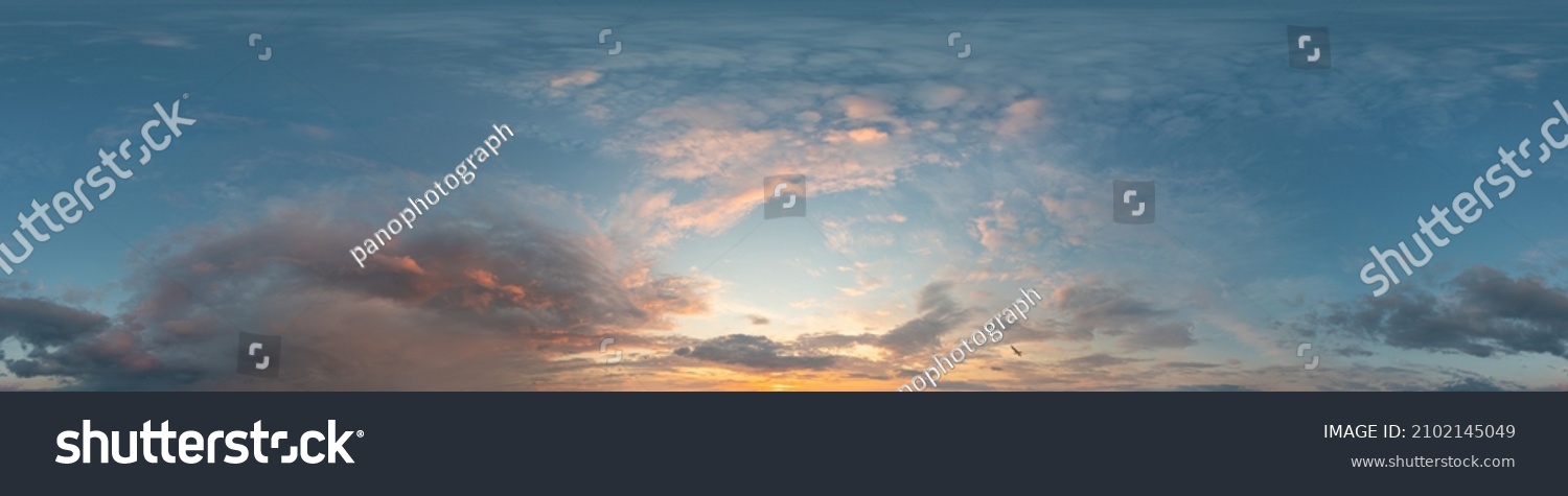 Dark blue sunset sky panorama with Cirrus clouds. Seamless hdr pano in spherical equirectangular format. Complete zenith for 3D visualization, game and sky replacement for aerial drone 360 panoramas. #2102145049