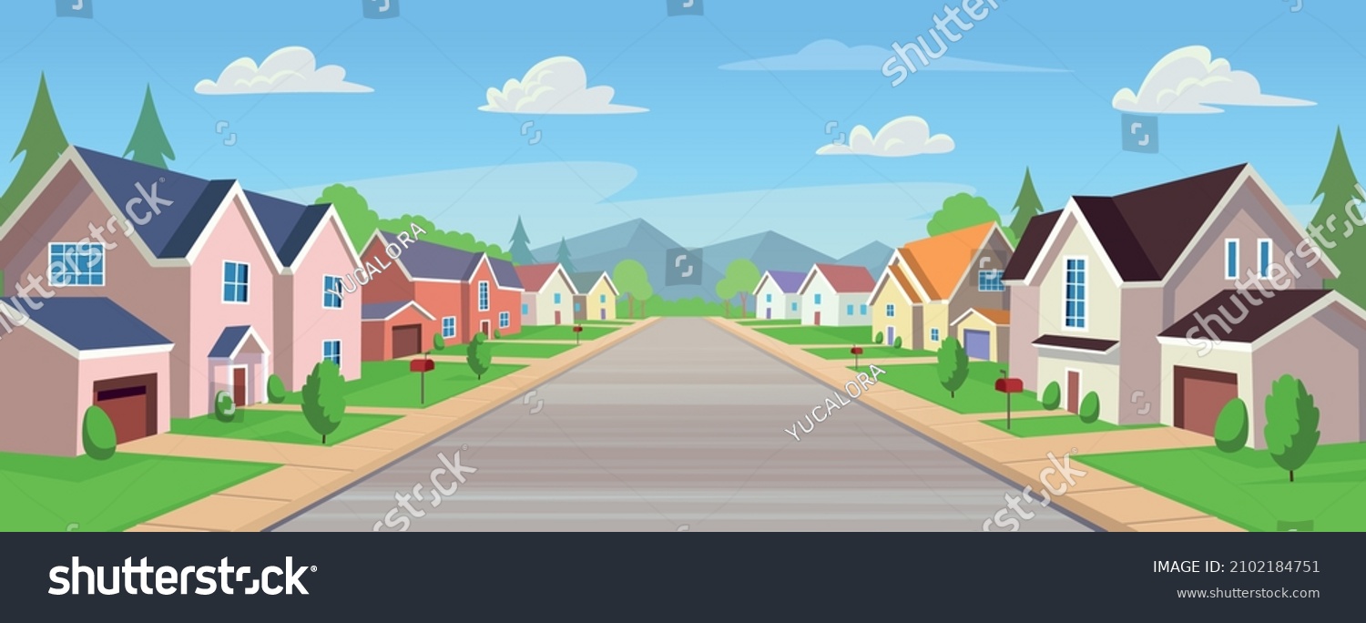 Suburban houses, street with cottages with garages. A street of houses with green trees and a road in perspective. Village. Vector illustration in cartoon style. #2102184751