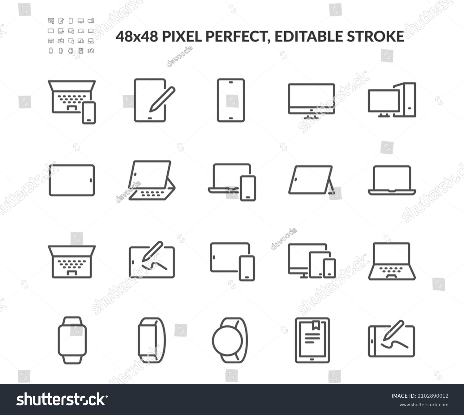 Simple Set of Personal Devices Related Vector Line Icons. 
Contains such Icons as Unfolded Tablet, Desktop PC Workstation, Round and Square Smart Watch and more. Editable Stroke. 48x48 Pixel Perfect. #2102890012