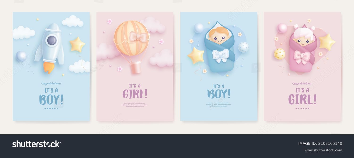 Set of baby shower invitation with cartoon baby girl, baby boy, rocket and hot air balloon on blue and pink background. It's a boy. It's a girl. Vector illustration #2103105140