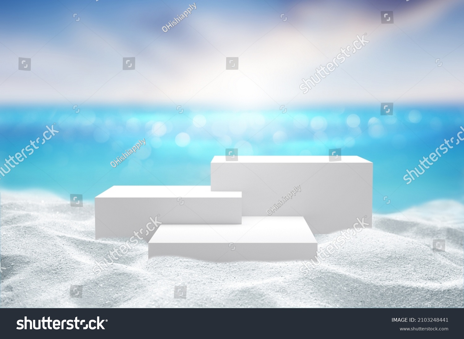 White Sand with White 3D podium put on sand dune againt blurry blue ocean and beautiful sky Summer background with display advertistment concept, 3D rendering #2103248441