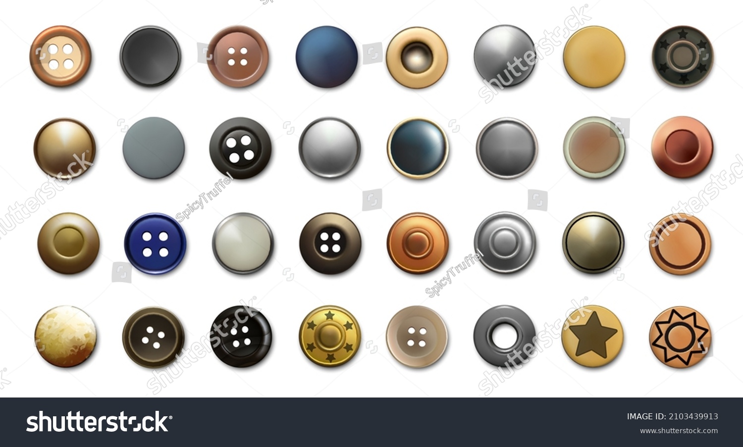 Realistic cloth buttons. Metal antique bronze or silver sewing rivets and denim clothing vintage accessories. Top view of various garment retro fasteners. Vector textile decorations set #2103439913