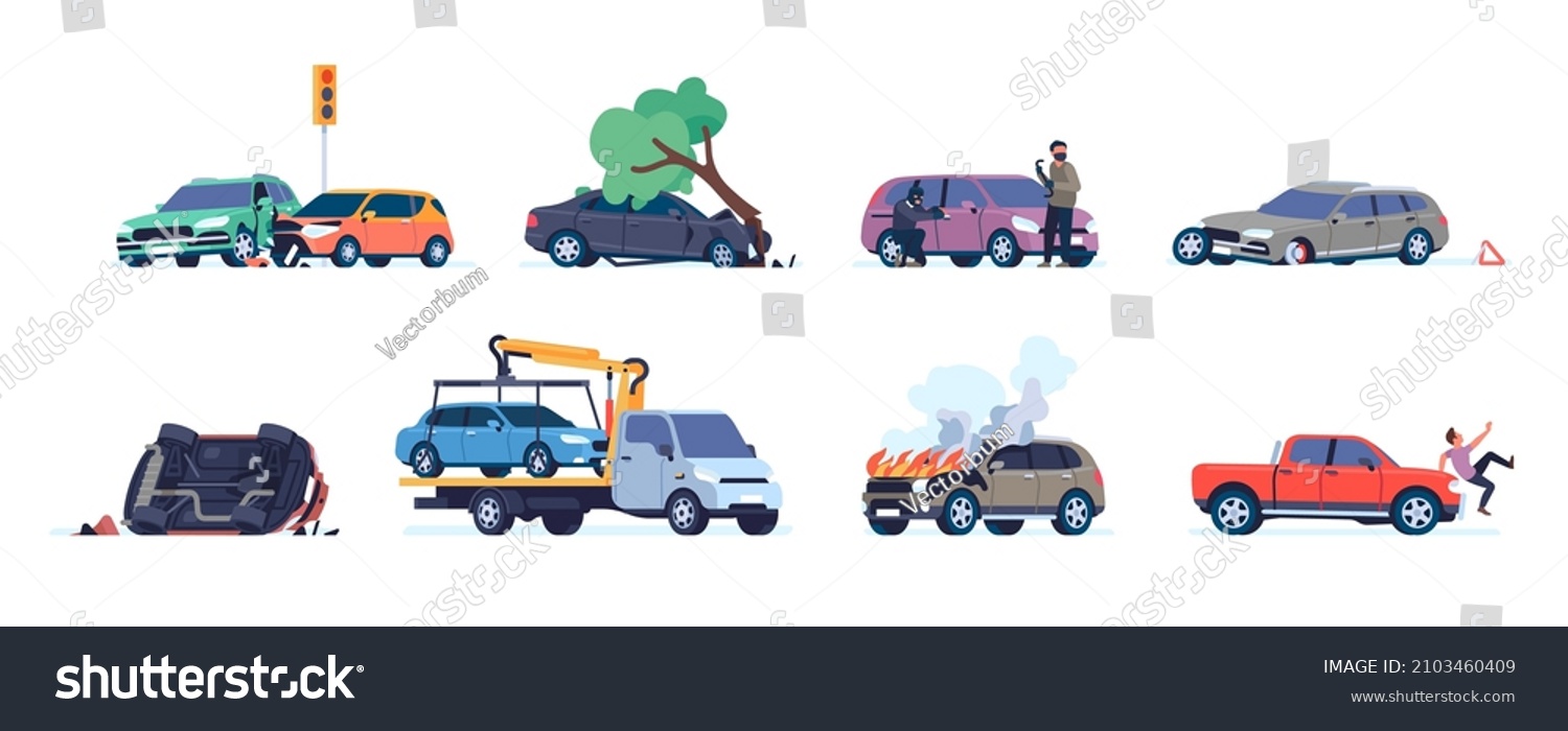 Car road accident. Different situations with wrecked vehicles. Evacuator picks up car. Automobile crashes and knocking pedestrian. Thieves steal auto. Vector transport #2103460409