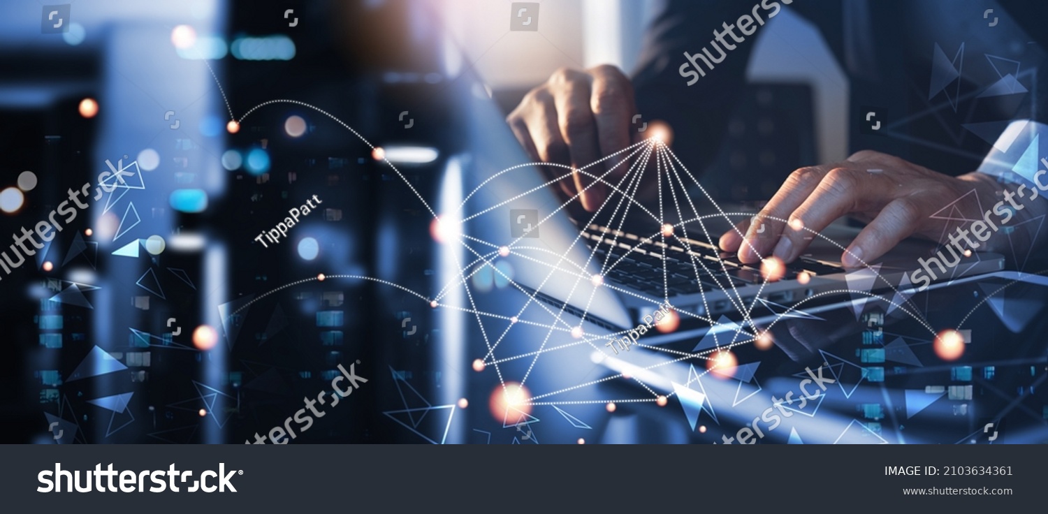 Digital technology, data exchange, cloud computing, global business concept. Businessman working on laptop and digital tablet with internet network, futuristic technology background #2103634361