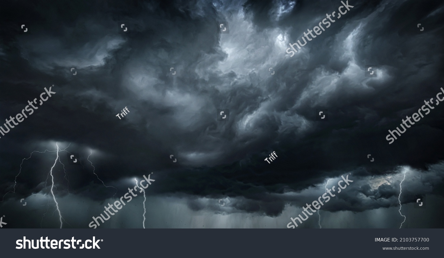 Thunderous dark sky with black clouds and flashing lightning. Panoramic view. Concept on the theme of weather, natural disasters, storms, typhoons, tornadoes, thunderstorms, lightning, lightning. #2103757700