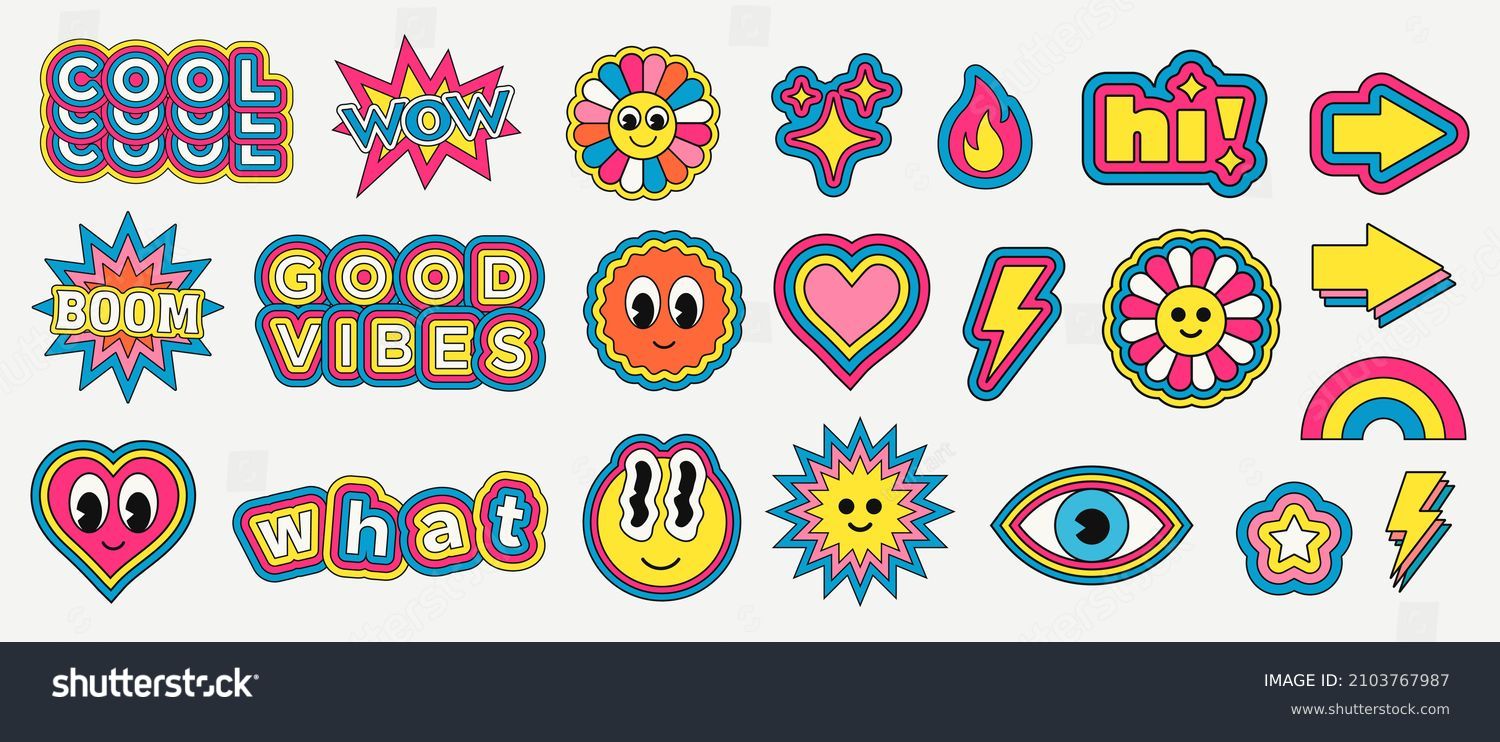 Cool Trendy Retro Stickers Collection. Set of Funny Character Emoticons. Pop Art Elements.  #2103767987