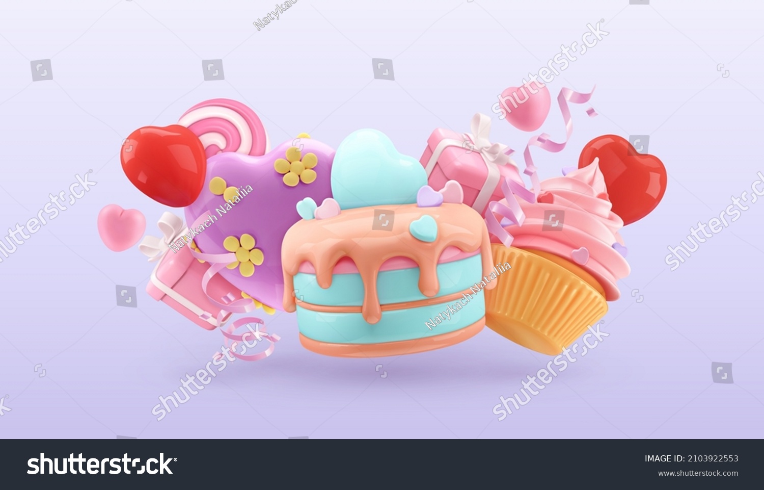 Happy Valentines day decoration. 3d render vector objects. Cake, cupcake, gift box, heart #2103922553
