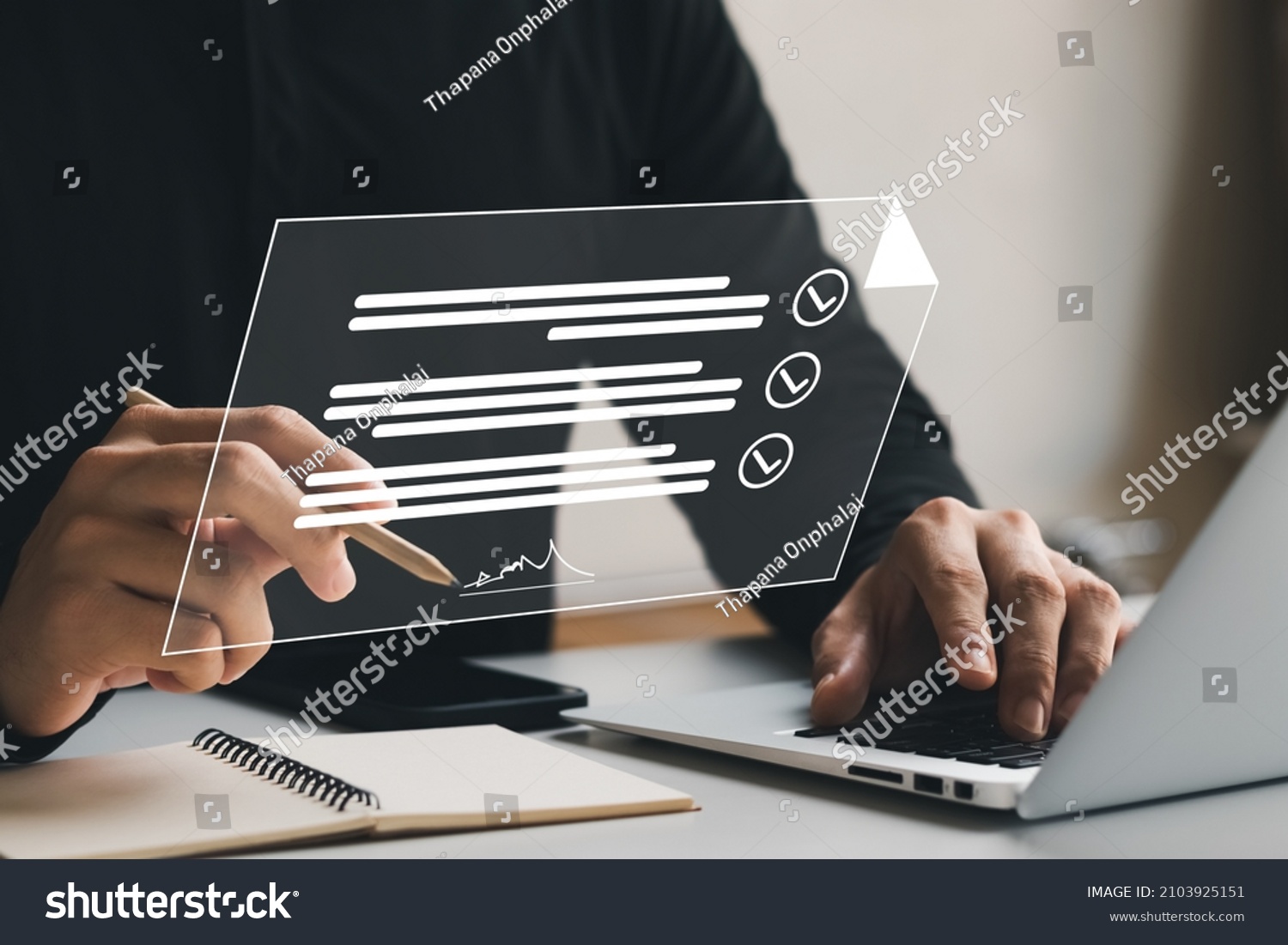 Electronic Signature Concept, Electronic Signing Businessman signs electronic documents on digital documents on virtual laptop screen using stylus pen. #2103925151