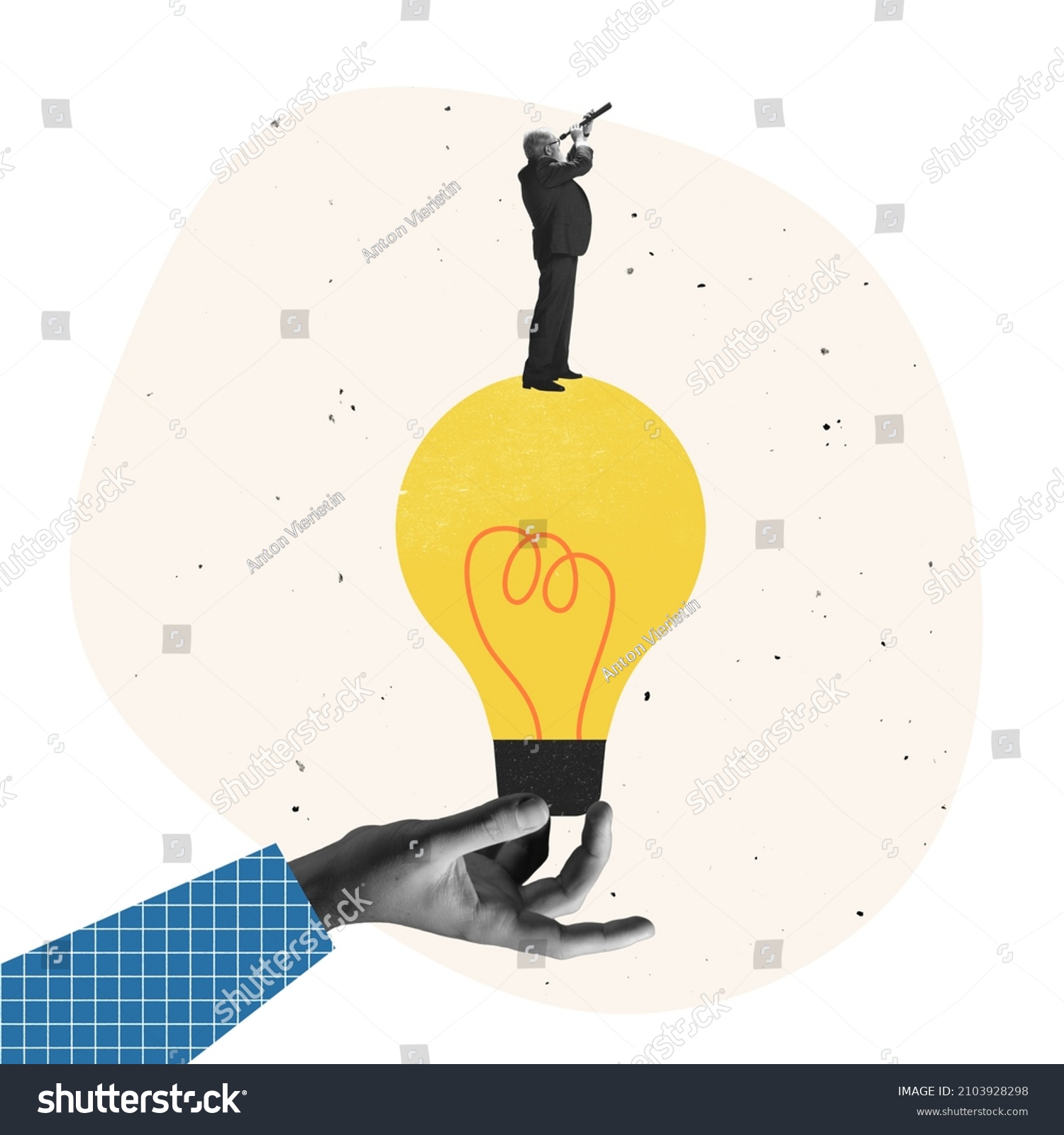 Contemporary art collage. Creative design. Businessman standing on lightbulb and looking in telescope.Future prediction. Concept of business, career growth, motivation, planning, ideas, ad #2103928298