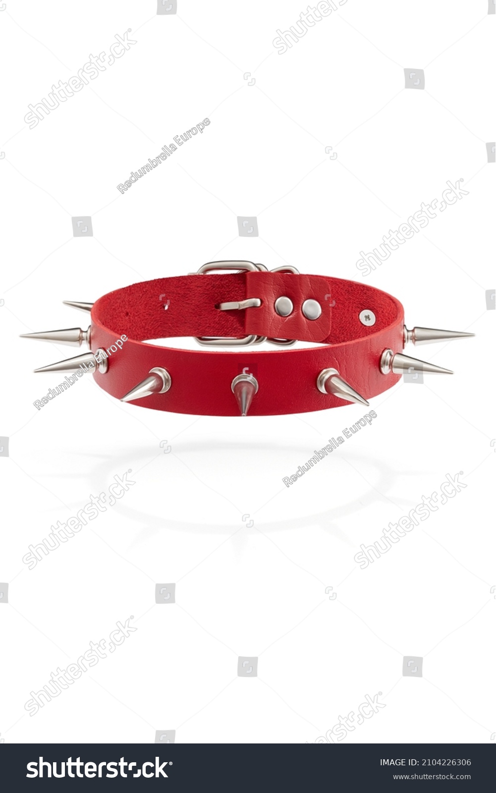 Detail shot of red leather collar with steel sharp thorns and metal buckle. Stylish adjustable choker is isolated on the white background.   #2104226306