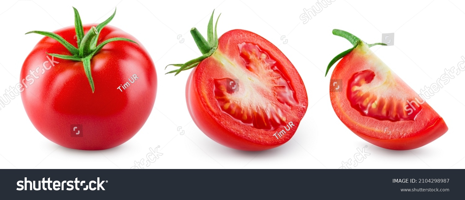 Tomato isolated. Tomato whole, half and slice on white background. Tomatoes with clipping path. #2104298987