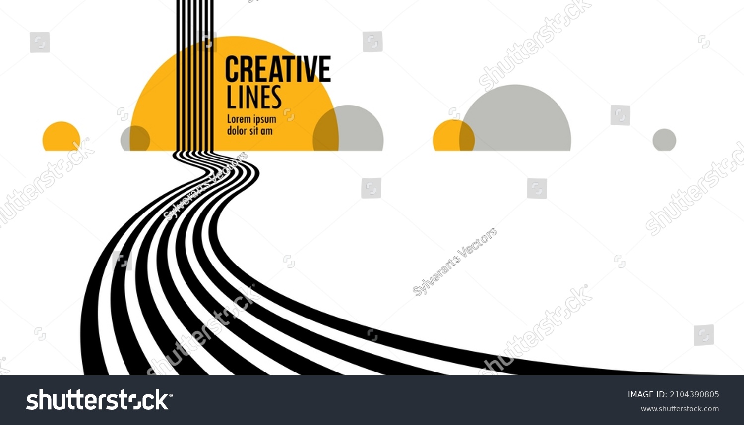 Future lines in 3D perspective vector abstract background, black and yellow linear composition, road to horizon and sky concept, optical illusion op art. #2104390805