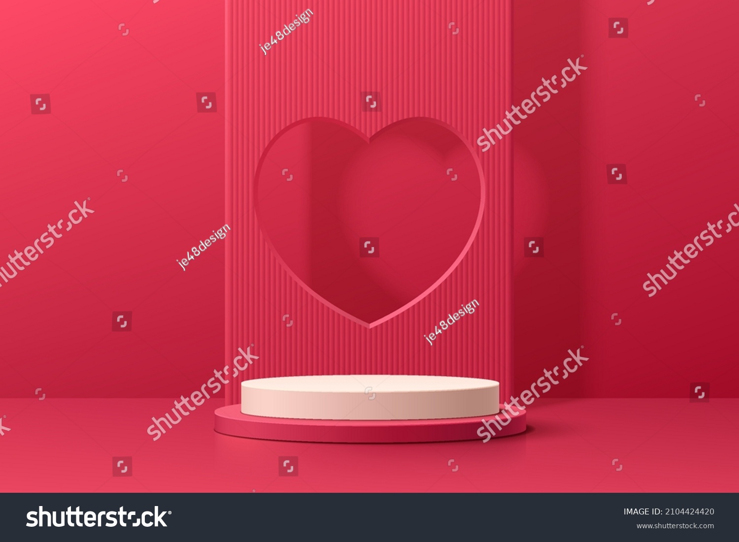 Realistic red and white 3D cylinder pedestal podium with window heart shape background. Valentine minimal scene for products showcase, Promotion display. Vector abstract studio room  platform design. #2104424420