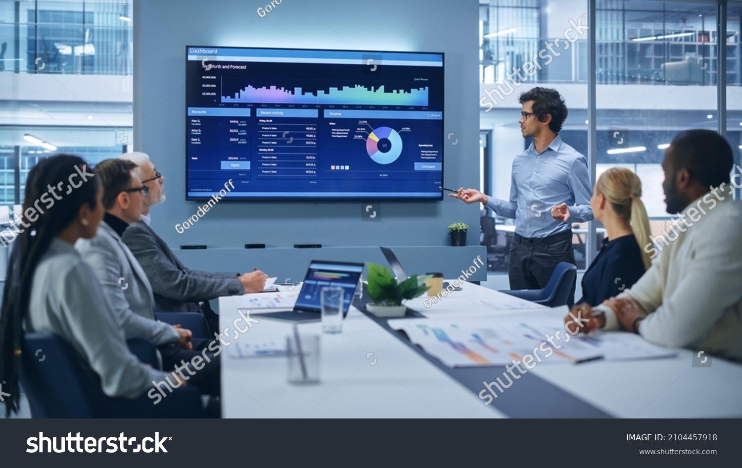 Office Conference Room Meeting Presentation: Latin Businessman Talks, Uses Wall TV to Show Company Growth with Big Data Analysis, Graphs, Charts, Infographics. Multi-Ethnic e-Commerce Startup Workers #2104457918