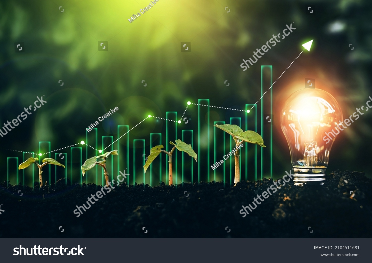 Light bulb is located on the soil, and plant are growing with growth graph.Renewable energy generation is essential in the future. Alternative sources of energy.Green energy development. #2104511681