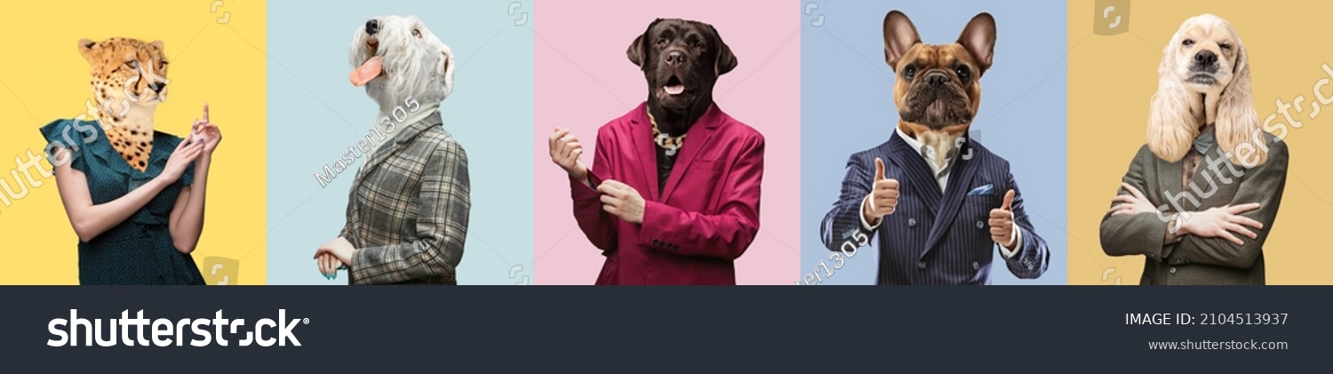 Photo set of men and women with animals head wearing vintage style clothes. Contemporary artwork. Fashion, emotions, ad, sales, surrealism concept. Poster, banner and flyer. Look calm, confident #2104513937