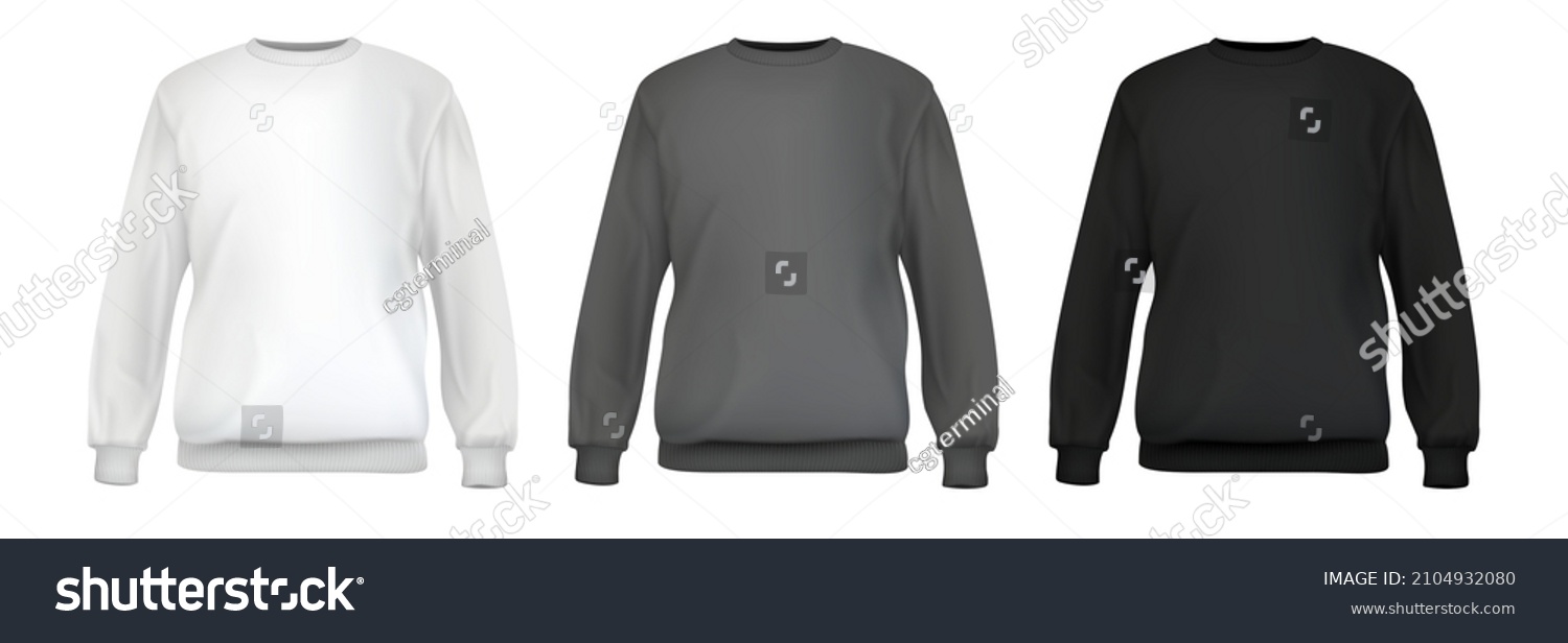 Set realistic white, gray, black sweatshirt base cloth isolated on clean background. Collection blank mockup for branding man or woman fashion. Design casual template. 3d vector illustration. #2104932080