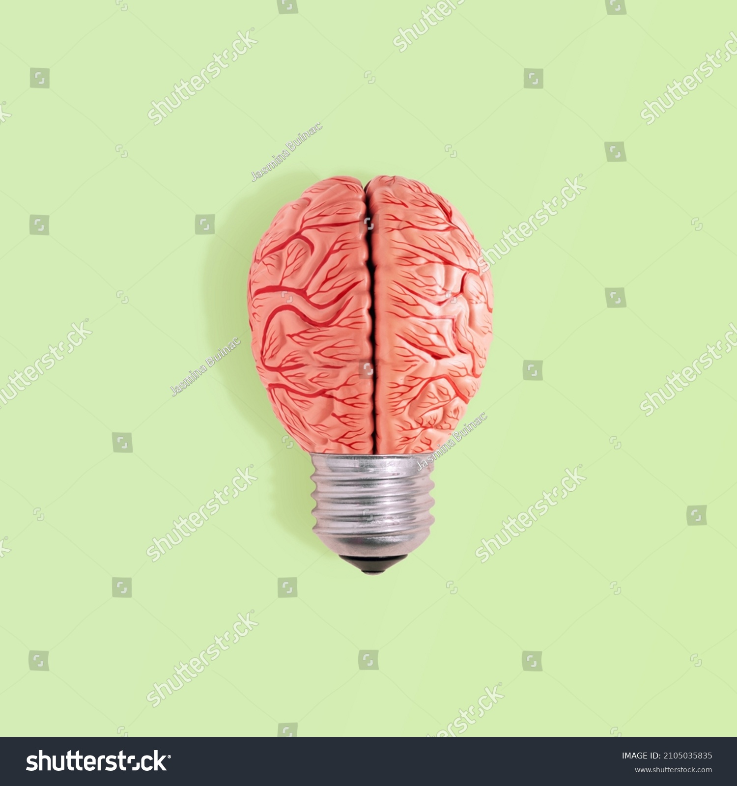 Abstract surreal conceptual wallpaper made with light bulb cap and model of human brain on isolated pastel green background. Brainstorming or knowledge icon. Minimal flat lay. Creative idea of lamp. #2105035835