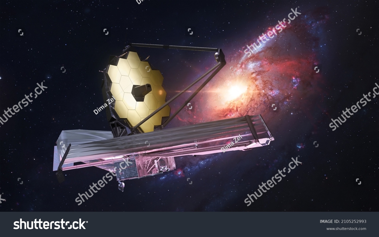 JWST in outer space. James Webb telescope far galaxy explore. Sci-fi space collage. Astronomy science. Elemets of this image furnished by NASA #2105252993