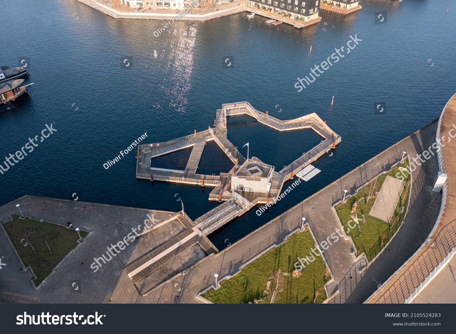 Copenhagen, Denmark - January 10, 2022: Aerial drone view of the Sluseholmen harbour bath. #2105524283