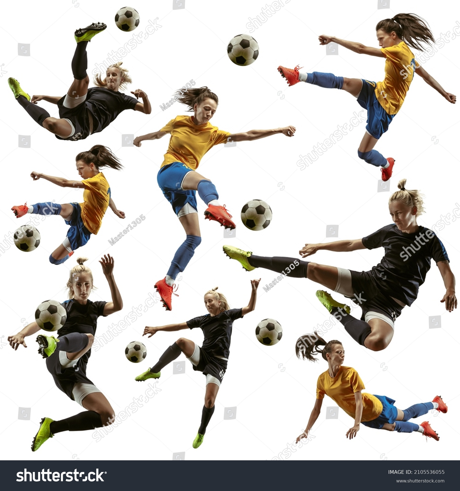 Female football. Set made of professional soccer players with ball in motion, action isolated on white studio background. Attack, defense, fight, kick. Group of girls in football kits. Square #2105536055